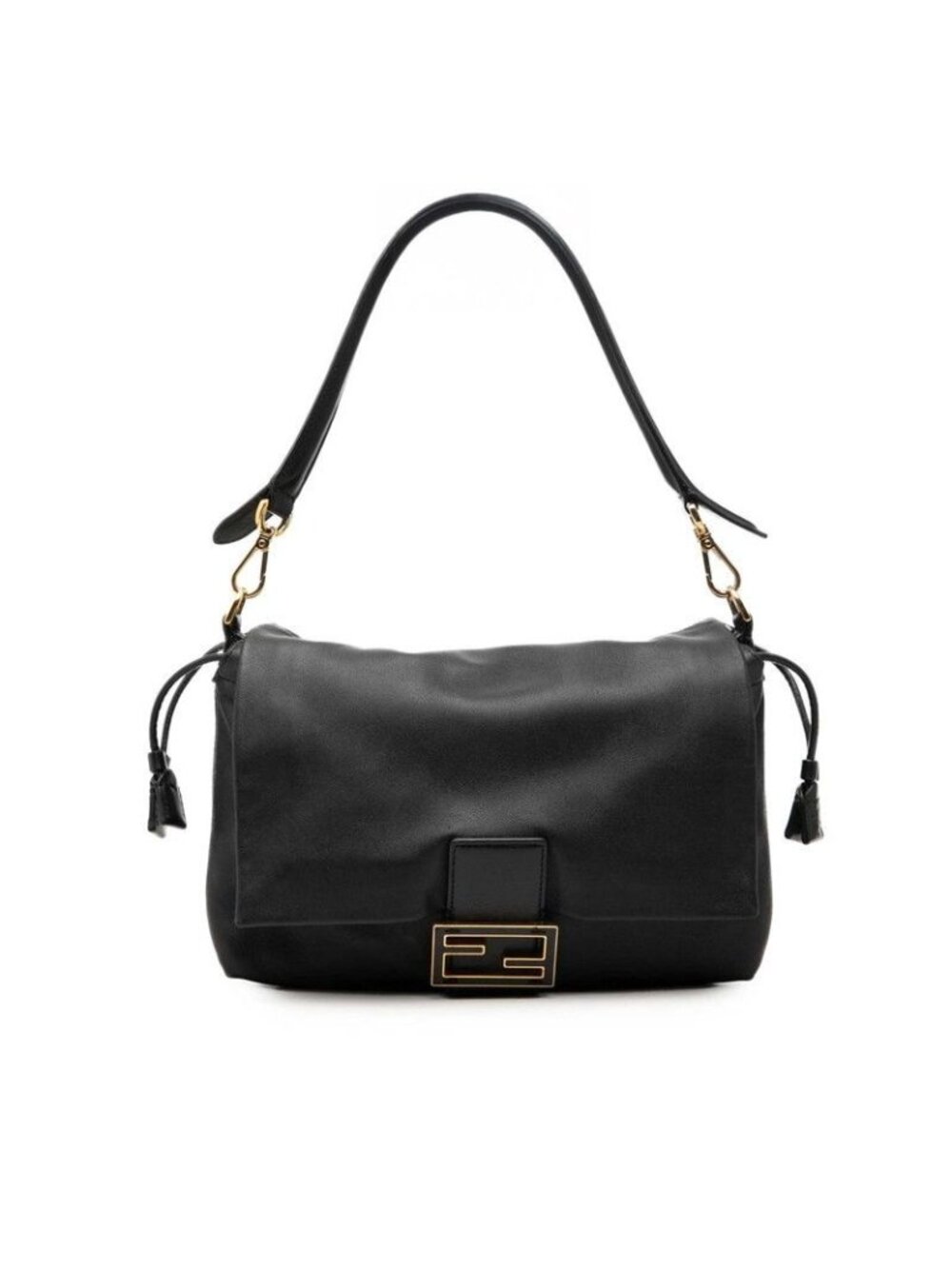 Fendi Mamma Bucket Medium FF Logo Bag Black Gold Leather